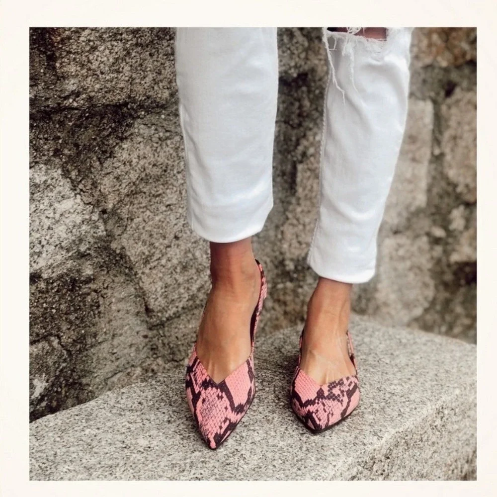 Momoc Women's Guadalquivir Pink/Black Python Print Pointed Toe Sling Back Flats